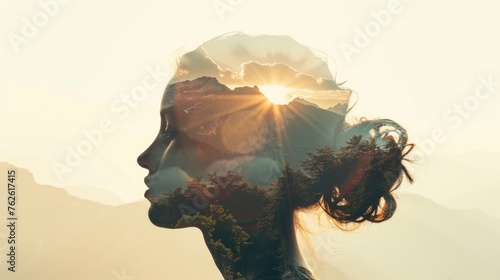 A womans face is illuminated by the glowing sun behind her, creating a striking silhouette against the bright sky. The sun rays highlight her features, showcasing a sense of warmth and radiance.