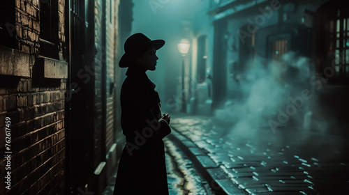 Female detective in vintage attire foggy alleyway