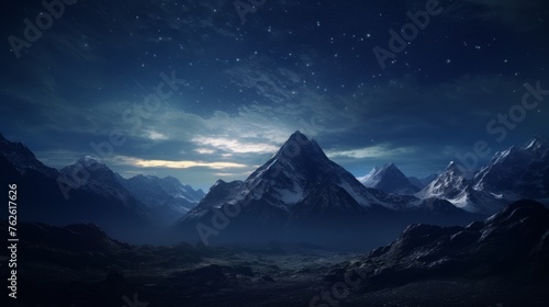 Generative AI A starry night sky over a mountain landscape, where celestial bodies illuminate the peaks and valleys in a celestial glow.