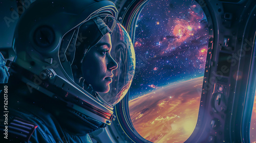A female astronaut gazing out at the stars from the windows of her spaceship photo