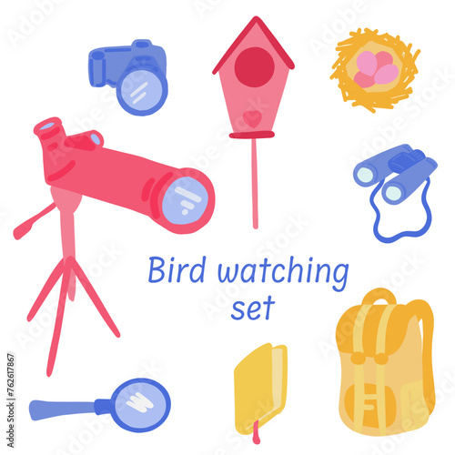 Camera bag bird watching flat design set elements