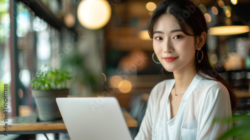 Fashionable unique Asian woman using laptop