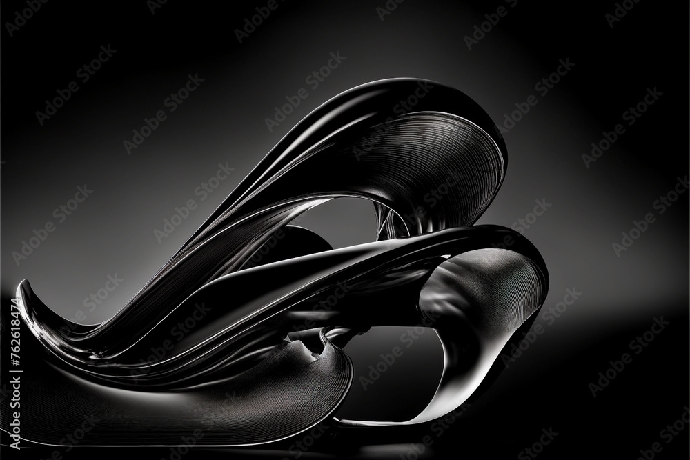 Fototapeta premium An abstract black background with 3D waves, soft edges, and curves that highlight the play of light on smooth surfaces. The composition is balanced, demonstrating the elegance of lines and the beauty