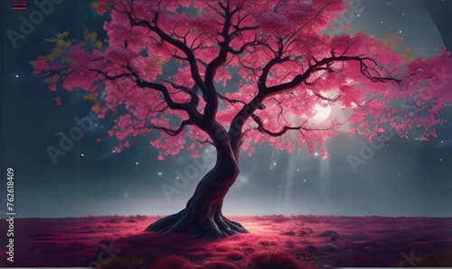 Pink Flower Blossom Tree Painting Under Moonlight- Cherry tree isolated in dark light background 