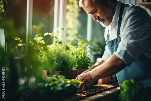 Man Tending to Rosemary Plant on Kitchen Windowsill