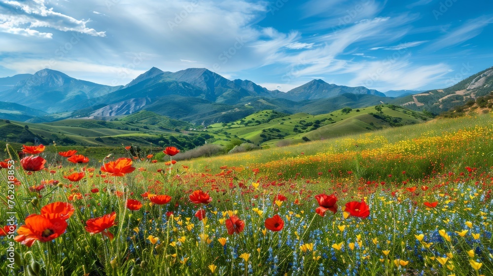 A beautiful field of flowers with a blue sky in the background. The flowers are red and yellow