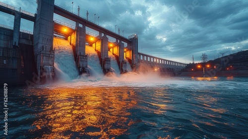 Harmony of Nature and Technology Majestic Hydroelectric Dam with Rushing Water Flowing, Unstoppable Force of Energy and Engineering Marvel
