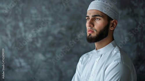 Portrait Muslim man on the gray background