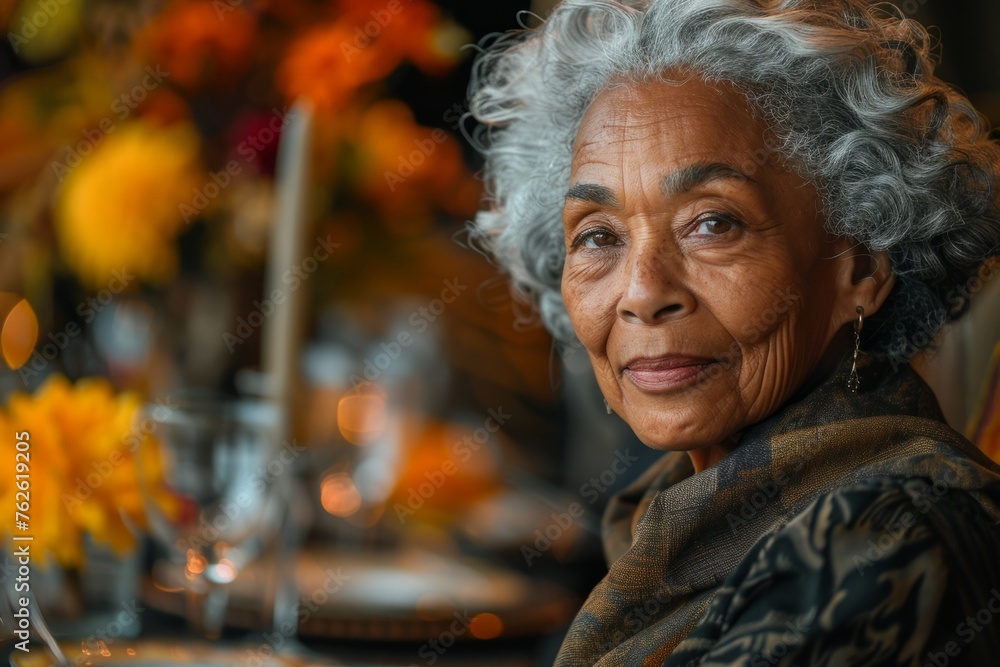 An elderly woman with graceful gray hair and a warm smile sits elegantly at a festive table.