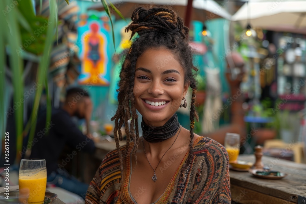 A young woman with dreadlocks and ethnic earrings smiles brightly in a vibrant, bohemian cafe setting.