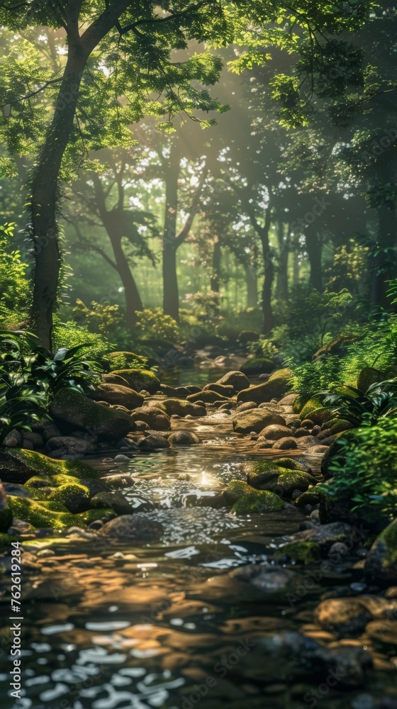 A stream meanders through a dense forest filled with vibrant green foliage, creating a serene and harmonious natural environment. The water glistens under the sunlight, enhancing the lushness of the s A stream meanders through a dense forest filled with vibrant green foliage, creating a serene and harmonious natural environment. The water glistens under the sunlight, enhancing the lushness of the s