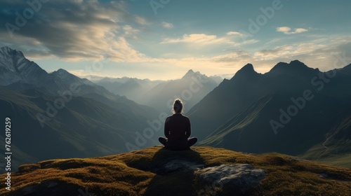 Generative AI A serene yogi practicing meditation atop a mountain peak, surrounded by breathtaking vistas. photo