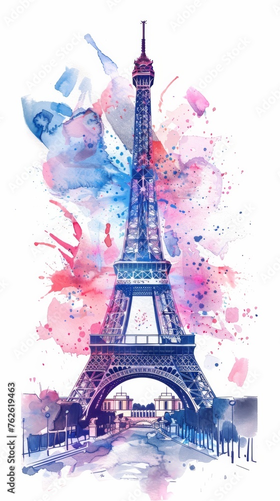 A watercolor painting showcasing the iconic Eiffel Tower in Paris. The artwork captures the intricate details of the landmark against a cityscape backdrop.