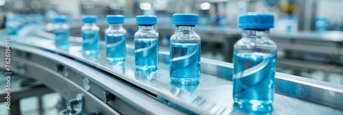 Automated pharmaceutical production line with glass bottles on conveyor in factory setting