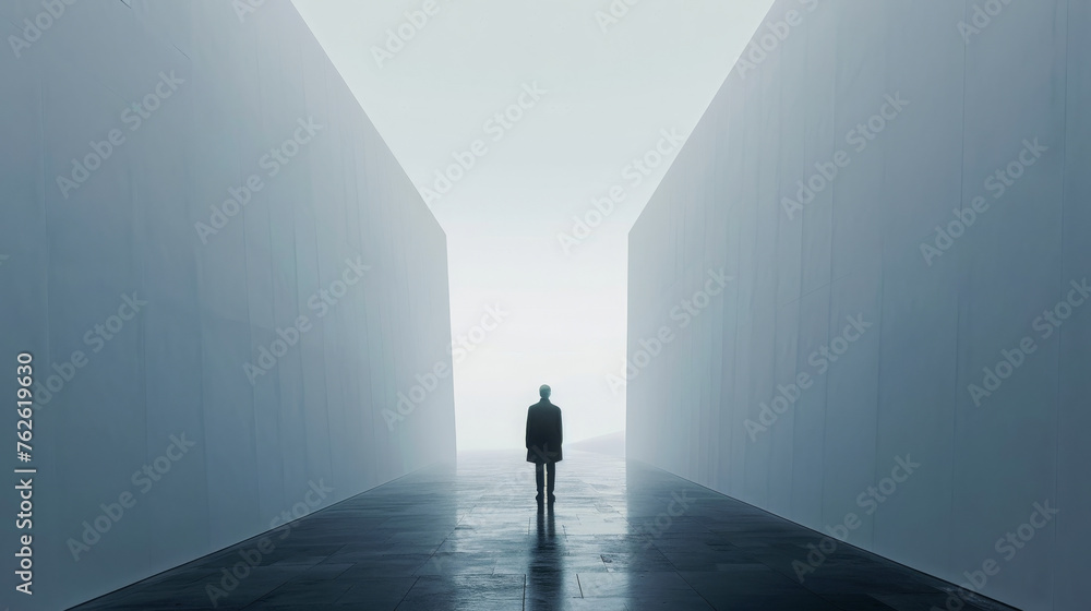 Silhouette of a person standing at the end of a misty corridor with tall walls. 3D render for design and print. Concept of choice and future concept with copy space. Studio shot for poster, wallpaper