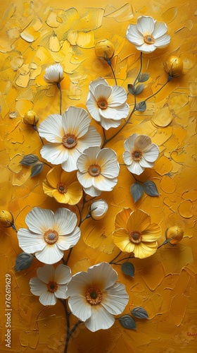 Golden Yellow and White Floral Abstract Oil Painting for Textured Wall Decor Generative AI