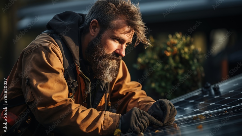 A man with a beard is working on a solar panel