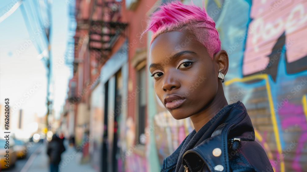 Young african woman with pink hair looking on camera with city street in background - Trendy black girl and urban lifestyle concept - Model by AI generative Young african woman with pink hair looking on camera with city street in background - Trendy black girl and urban lifestyle concept - Model by AI generative