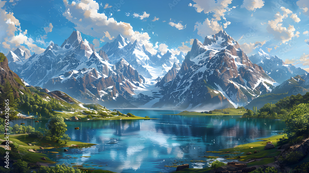 Grandeur of the Majestic Snow-capped Mountains Mirrored in a Tranquil Lake at Sunset
