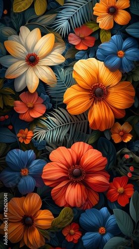 Colorful Flower Pattern Modern Luxury Mural Wall Art Illustration Generative AI