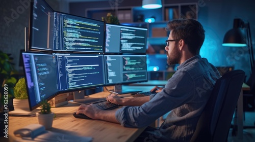 A software developer works on code late into the night, illuminated by the glow of multiple computer screens in a modern office. AIG41