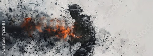 A man wearing a helmet stands boldly in front of roaring flames, exuding strength and determination in the face of danger. photo