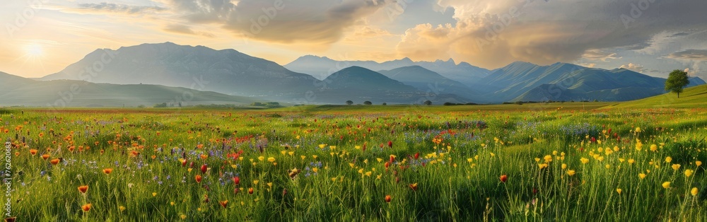 A field with various colorful flowers in bloom stretches out with majestic mountains in the background under a clear blue sky on a sunny day.