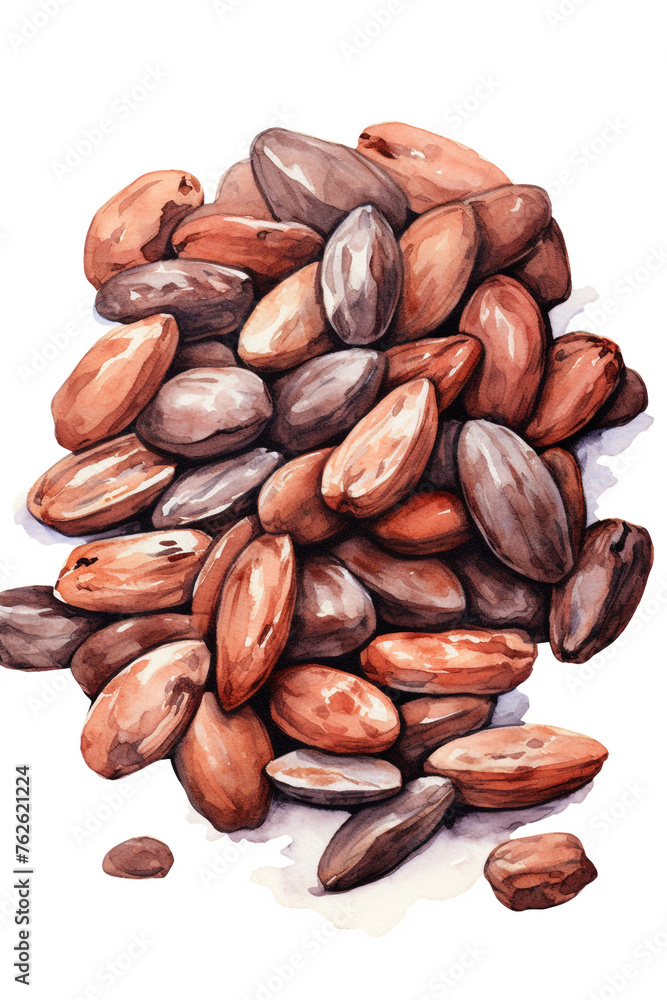 cocoa beans, watercolour style, white background сreated with Generative Ai cocoa beans, watercolour style, white background сreated with Generative Ai