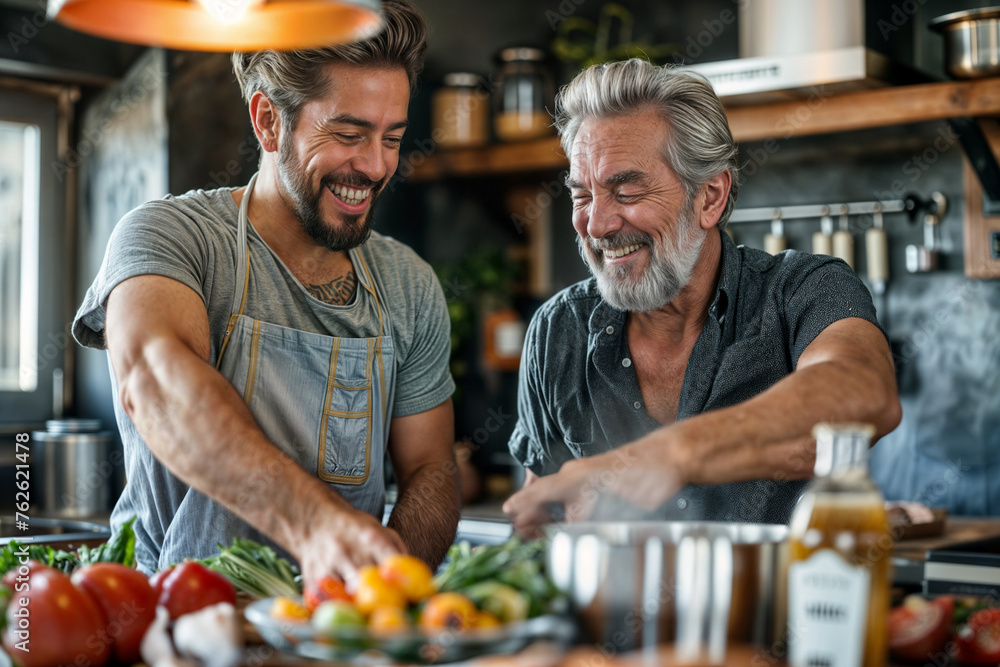 Joyful father and son cooking together in kitchen Joyful father and son cooking together in kitchen