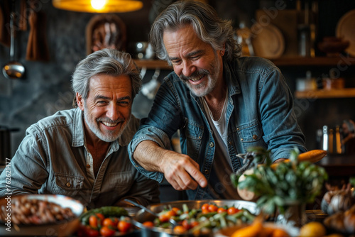 Two senior men share a laugh while preparing a healthy meal at home