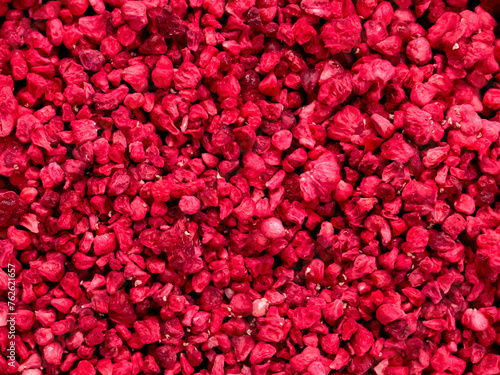 Dried freeze-dried raspberries close-up view from above. background