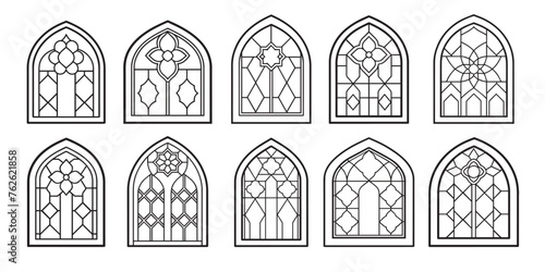 Vector set of cartoon stained glass windows for the design of children's books, coloring books