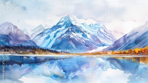 A watercolor painting depicting a majestic mountain range in the background with a calm lake in the foreground. The snow-capped peaks of the mountains are reflected in the clear blue waters of the lak