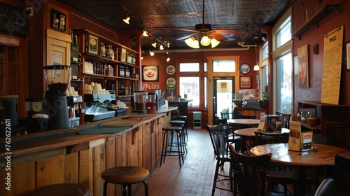 a coffee shop with a counter and shelves