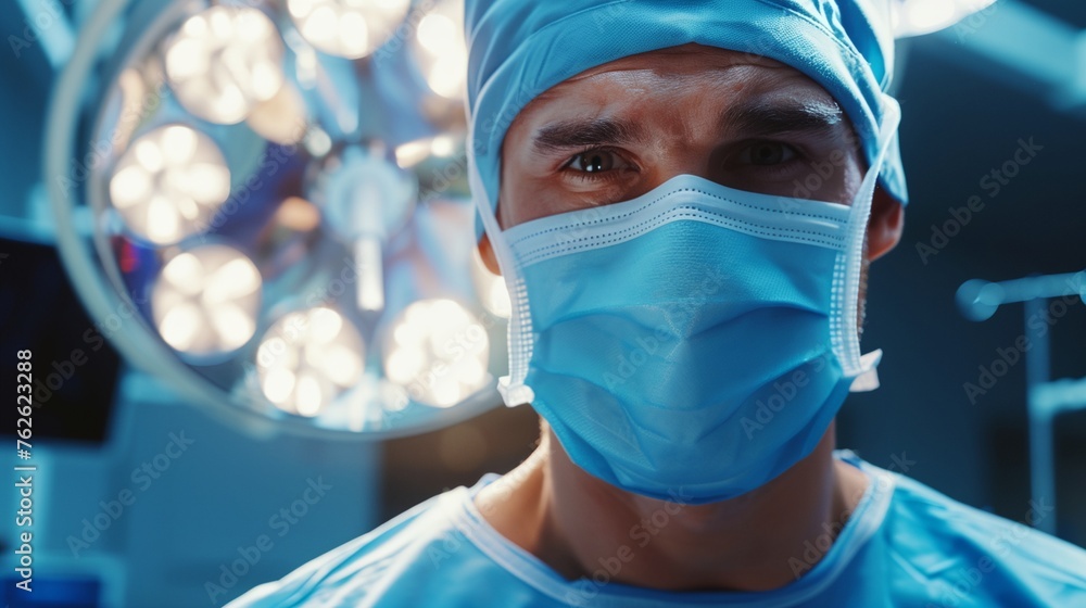 a man wearing a surgical mask and blue scrubs in a hospital room a man wearing a surgical mask and blue scrubs in a hospital room