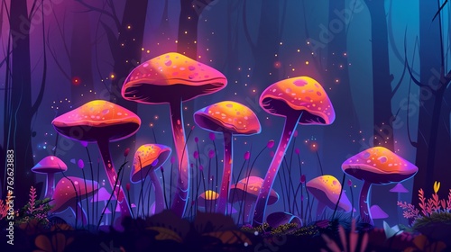a painting of a group of mushrooms in a forest at night time