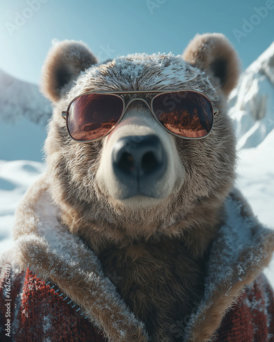 Wide angle selfie of a cute bear while snowboarding in snow sunglasses against a background of snowed mountains. Generative AI