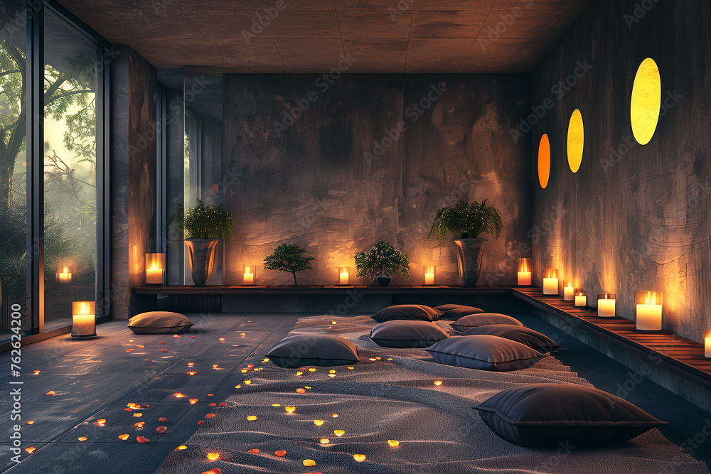 A peaceful meditation room with candles and cushions for relaxation. Interior design with pillows and candles creating a cozy atmosphere on the floor - obrazy, fototapety, plakaty 