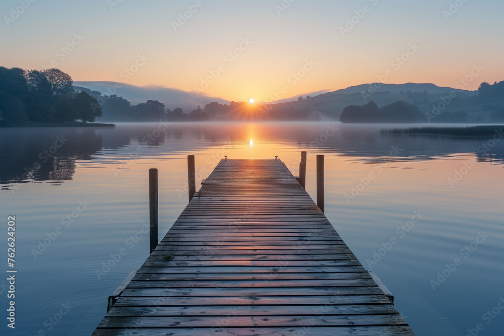 A beautiful sunrise over a calm lake, perfect for early morning exercise. Wooden dock extends into serene lake under the afterglow of a sunset