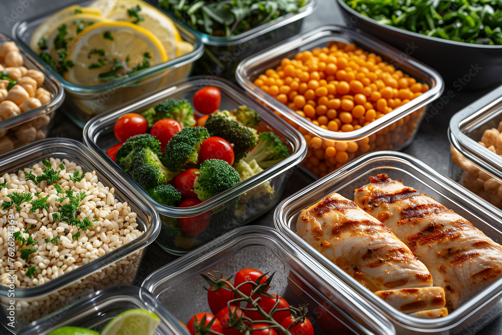 A healthy meal prep setup with containers of cooked grains, proteins, and vegetables. An assortment of dishes in plastic containers on the table