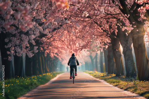 A person enjoying a leisurely bike ride through a blooming cherry blossom park. Person biking through cherry blossom trees on a green path in natural landscape