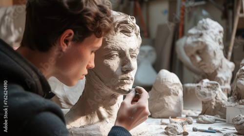 Using water and clay, the artist crafts a sculpture of a man's head, focusing on the jaw for an intricate carving. This art form dates back to ancient history. AIG41 © Summit Art Creations