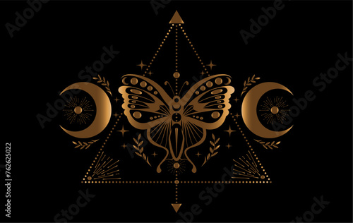 Mystic gold moth, magic butterfly and crescent moon, sacred symbols for witchcraft, occult, esotericism, print, poster. Vector golden pagan magical seal isolated on black background