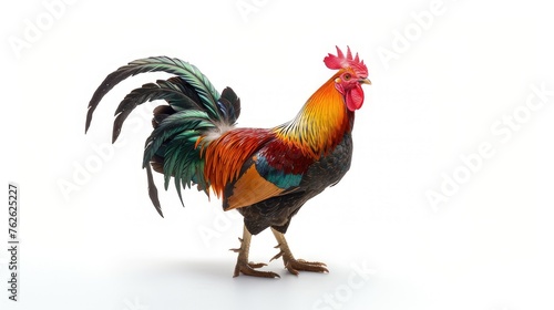 rural life with a proud rooster, isolated against a clean white background, showcasing its vibrant feathers and majestic stature photo