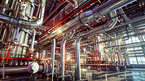 Steel pipes and industrial infrastructure, emphasizing the power and energy systems in a factory setting