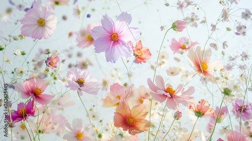  a closely-up shot of tiny, multicoloured Cosmo flowers on a spotlessly white canvas © muhammad