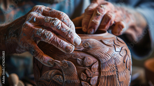  a close-up of the hands of a potter moulding a clay vessel decorated with elaborate patterns derived from different bird species