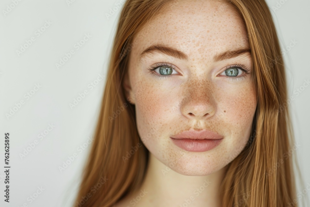 Portrait of a brown-haired girl with freckles. Light blue eyes, plump lips, thick eyebrows. Gray background, free space Portrait of a brown-haired girl with freckles. Light blue eyes, plump lips, thick eyebrows. Gray background, free space