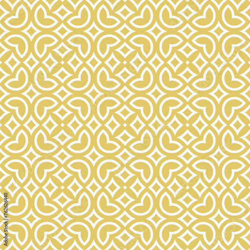 Vector floral seamless pattern in arabesque style. Elegant golden texture with flowers, leaves, petals, curved shapes. Simple gold geometric background. Abstract oriental ornament. Repeated geo design