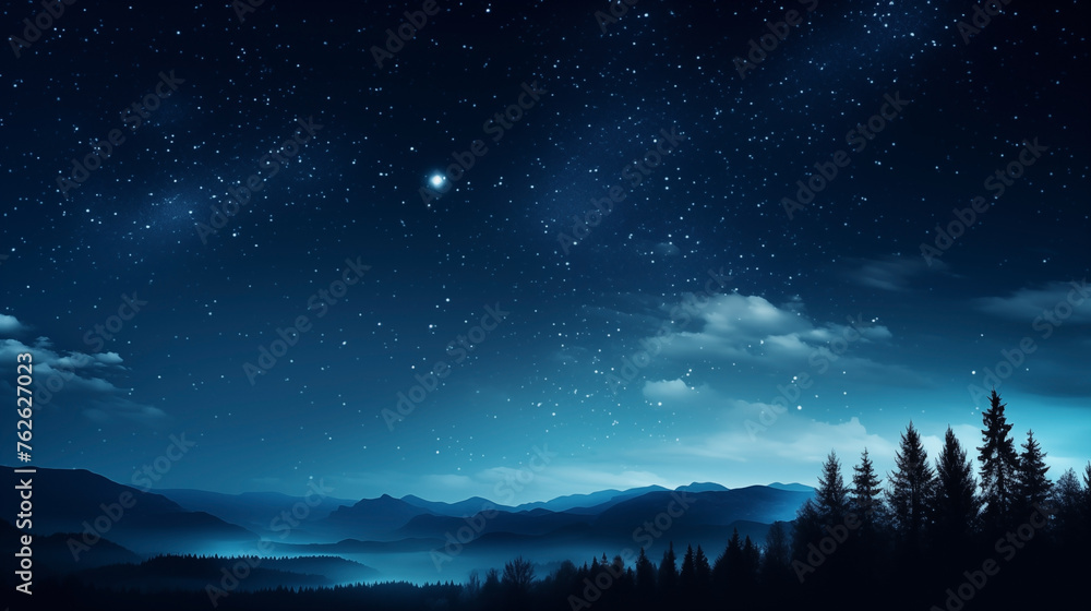 Mystical night sky background with stars over silhouetted pine trees and mountains Mystical night sky background with stars over silhouetted pine trees and mountains